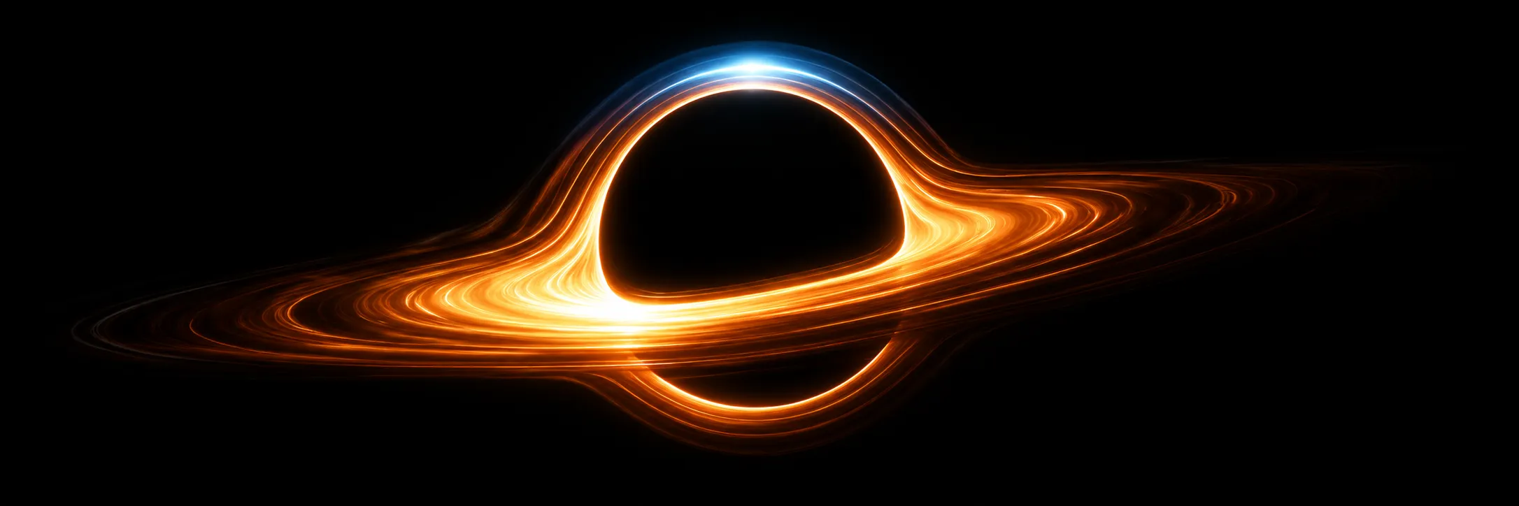 Gargantua's black hole with a continuous orange accretion disk and blue lensing crest
